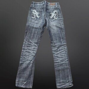 Y2K Harley Davidson Straight Leg Jeans Size 0 Black Embroidered Pockets Low Rise